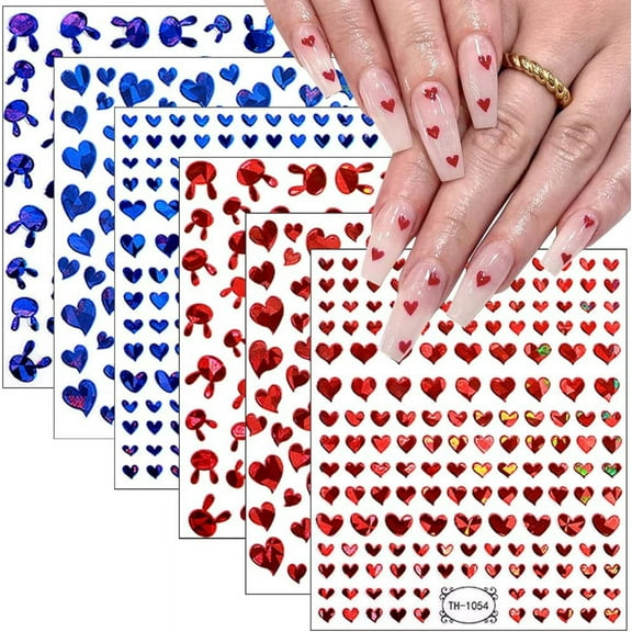 6 Sheets Heart Nail Art Stickers, Valentine's Day Nail Decals 3D Self-Adhesive Nail Art Supplies Blue Red Love Heart Rabbit Nail Designs Sticker for Women Girls DIY Valentine's Manicure Decorations