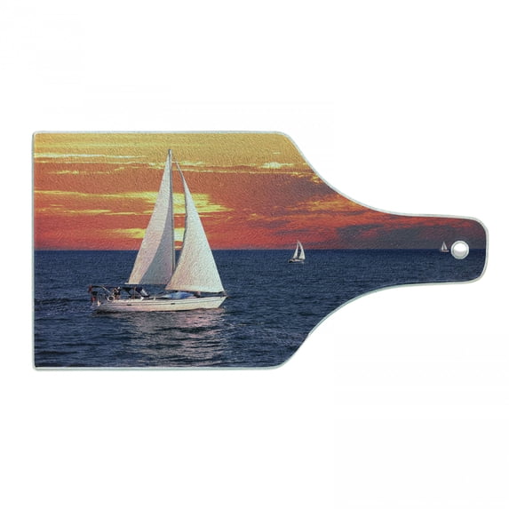 Sailboat Cutting Board, Sailboat Sailing on a Calm Evening Setting Sun Colored Sky Scenery, Tempered Glass Cutting and Serving Board, Wine Bottle Shape, Dark Blue Orange White, by Ambesonne