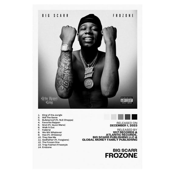 Big Scarr Frozone Album Cover Music Poster Rap Home Decor For Living Room Hip-Hop Aesthetic Rapper Album Wall Art Records Poster Wall Decor For Bedroom
