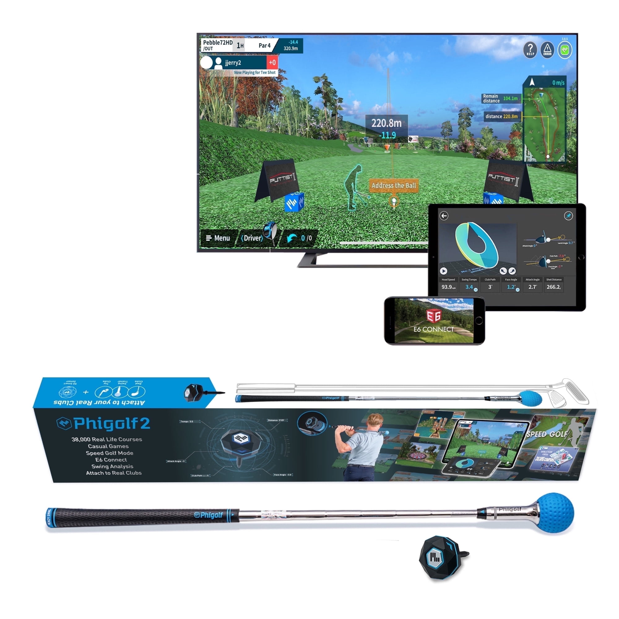 PHIGOLF Home Golf Game Simulator: Enjoy Interactive Golf with Motion Sensor & Swing Stick for Indoor & Outdoor Fun – 38,000+ Courses Worldwide, Compatible with Android, iOS, App & E6 Connect