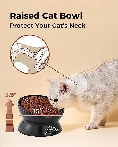 Elevated Cat Food Bowl, 5 Oz Ceramic Raised and Tilted Water Bowl, Anti Vomiting and Protect Pets' Spines Dishes for Small Dog, Fat Faced Cat, Kitten (Black Pattern, 1 Pack)