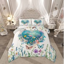 Manfei Groovy Rose Flower Full Size Comforter Sets, Dreamy Garden Butterfly Bedding Comforter Set, Romantic Love Heart Reversible Bedding Sets, Microfiber Bedroom Decor, 3-Piece