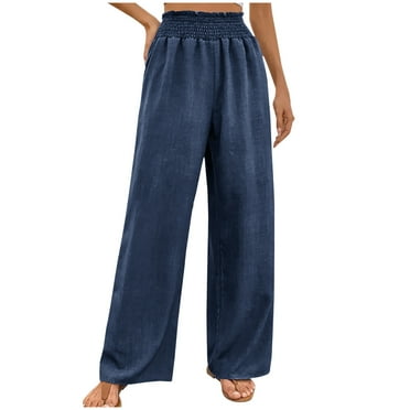 Maean Wide Leg Lounge Pants for Women Trendy Drawstring Elastic High Waist Casual Linen Long Trousers