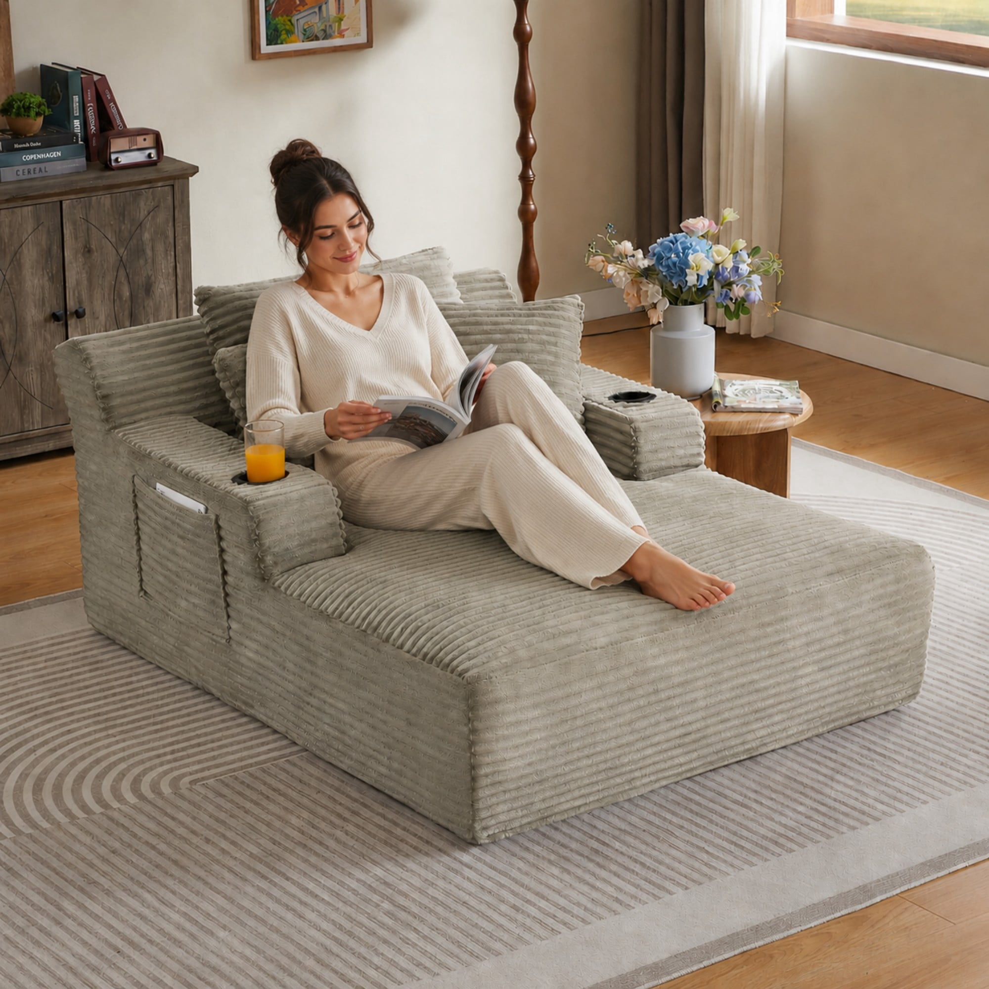BSHTI 66.1" Corduroy Oversized Chaise Lounge Chair with Cup Holder, Side Pockets and Boneless Design for Living Room（Camel）