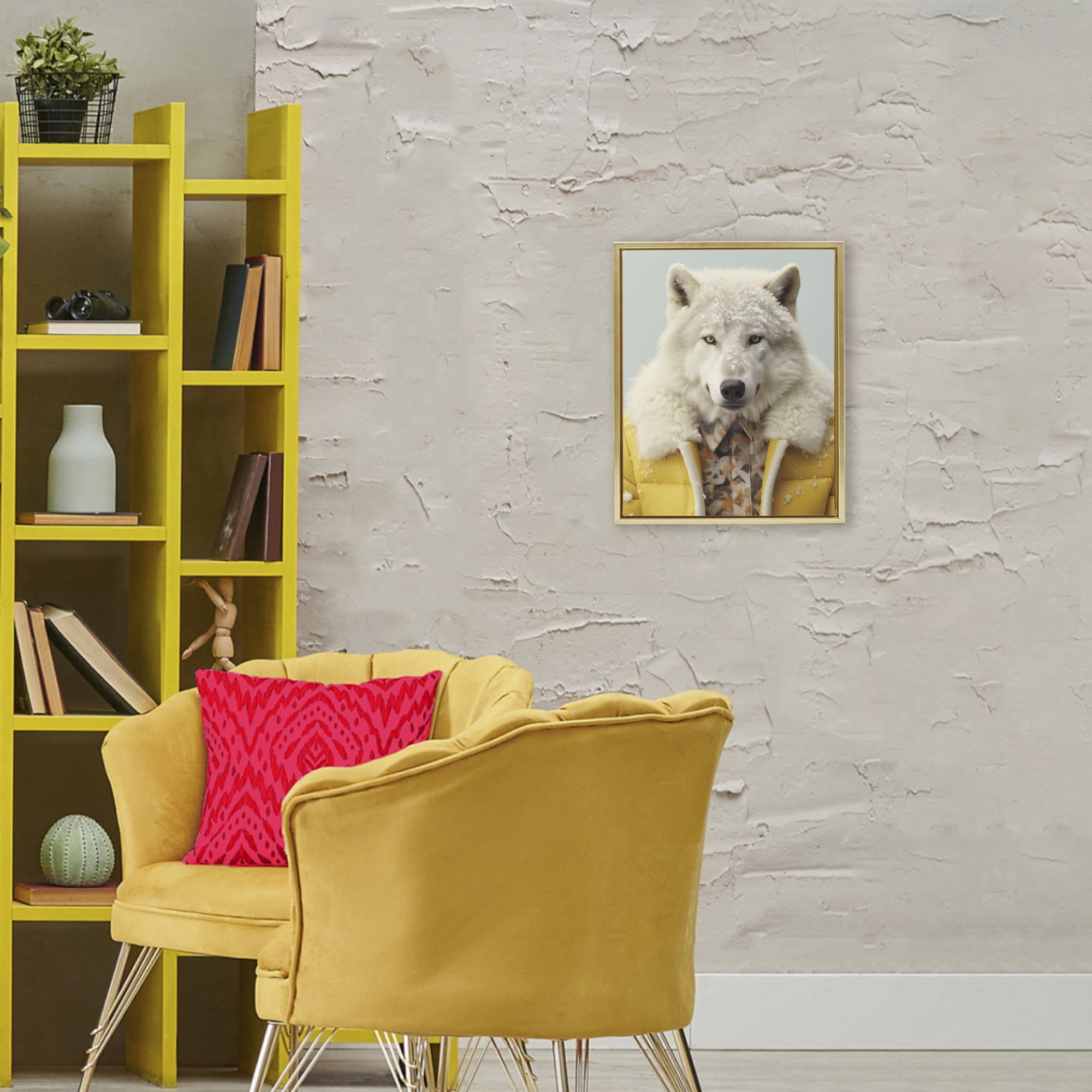 Stupell Industries Snow Wolf Yellow Jacket Gold Framed Floater Canvas Wall Art, design by Ray Powers