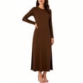 thumbnail image 4 of Ayolanni Split Fall Dresses Fitted Waist Long Sleeve Solid Crew Neck Maxi A-Line Dress Vacation Party Elegant Sundress Brown M, 4 of 7