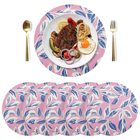 

Round Placemats Plate Mats 15 Inch Non-Slip Heat Resistant Washable PVC Set Table Decoration for Kitchen Dining Large White Leaves