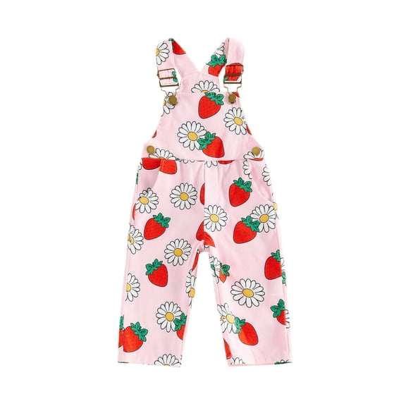 BemeyourBBs Toddler Baby Girl Summer Clothes Infant Baby Girls Overalls Romper Jumpsuit Cute Strawberry Floral Print Sleeveless Adjustable Strap Overall Pants with Pockets