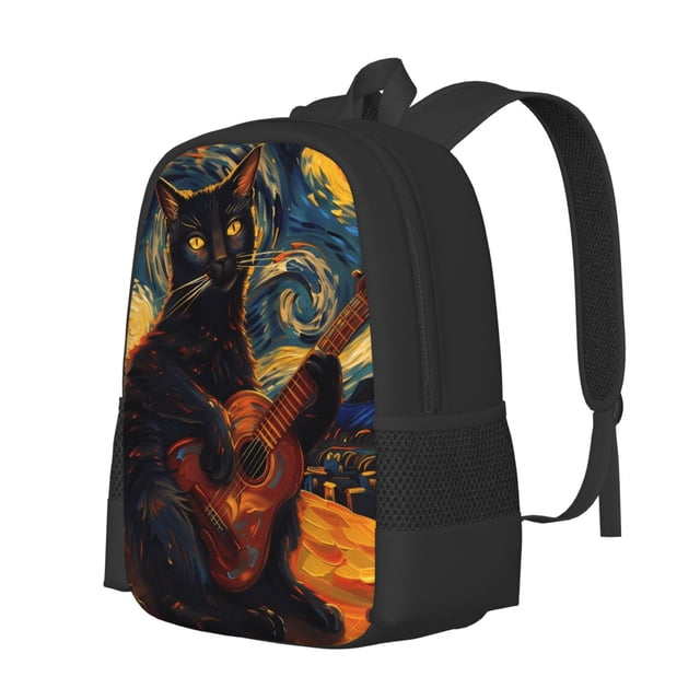 Xecao Nuit Étoilée Chat Guitariste pour Sac à Dos pour École Voyage Randonnée avec Sangles Réglables Grande Capacité et Poches Latérales en Maille