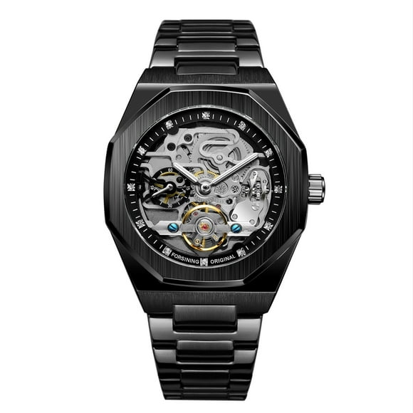 FORSINING FORSINING Montre Mécanique Automatique Squelette Élégante pour Homme avec Rotor, Boîtier et Cadran Noirs, Bracelet en Acier Inoxydable, Cadran 41,2 mm, Étanche 30 m, FSG8202