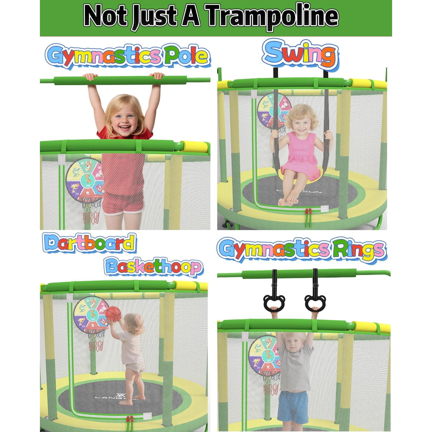 LANGXUN 6-in-1 Mini Trampoline 60" 5ft, Toddler Indoor Outdoor Trampoline with Swing, Basketball Hoop, Dart Board & Rings, Perfect Gift for Boys Girls
