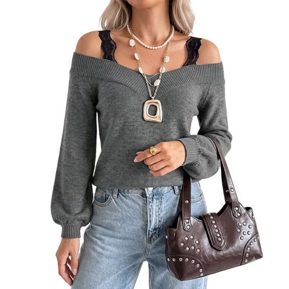 Women Off Shoulder V Neck Puff Long Sleeve Slim Fit Knit Sweater Top Dark Gray S