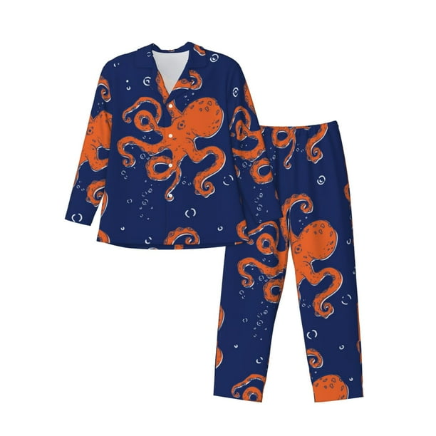 Balery Octopus Pijama para Hombre de Dos Piezas con Manga Larga, Conjunto de Dormir y Descanso Suave con Bolsillos-Large