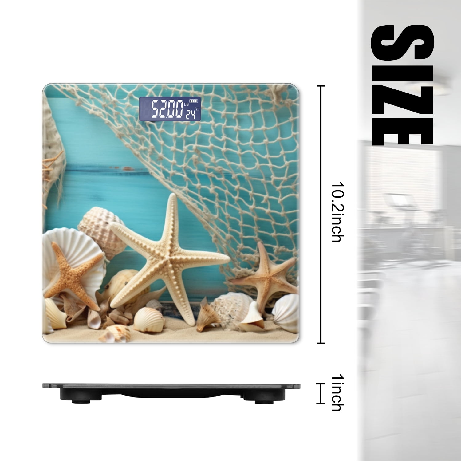 Bathroom Scale, Highly Accurate Digital Body Scale,Precisely Measures Weight up to 400 lbs-Blue Wooden Background With White Fishing Nets And Sand