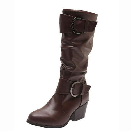 KIJBLAE Women s Knee High Boots Faux Leather Buckle Slouchy Flat Boots Side Zipper Fashion Comfortable Fall Winter Shoes Brown 47