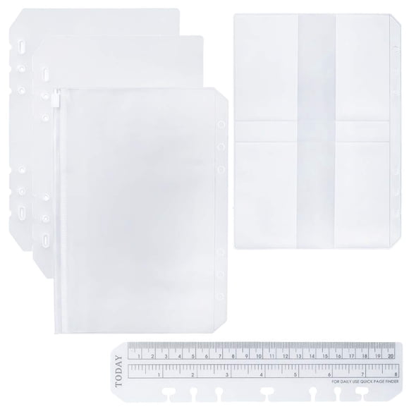 Moterm 2 Pcs Rehausseur de Page (Séparateur Transparent), 1 Règle de Marque-Page, 1 Porte-Cartes de Rangement en PVC et 1 Sac à Fermeture Éclair pour Planificateur A5