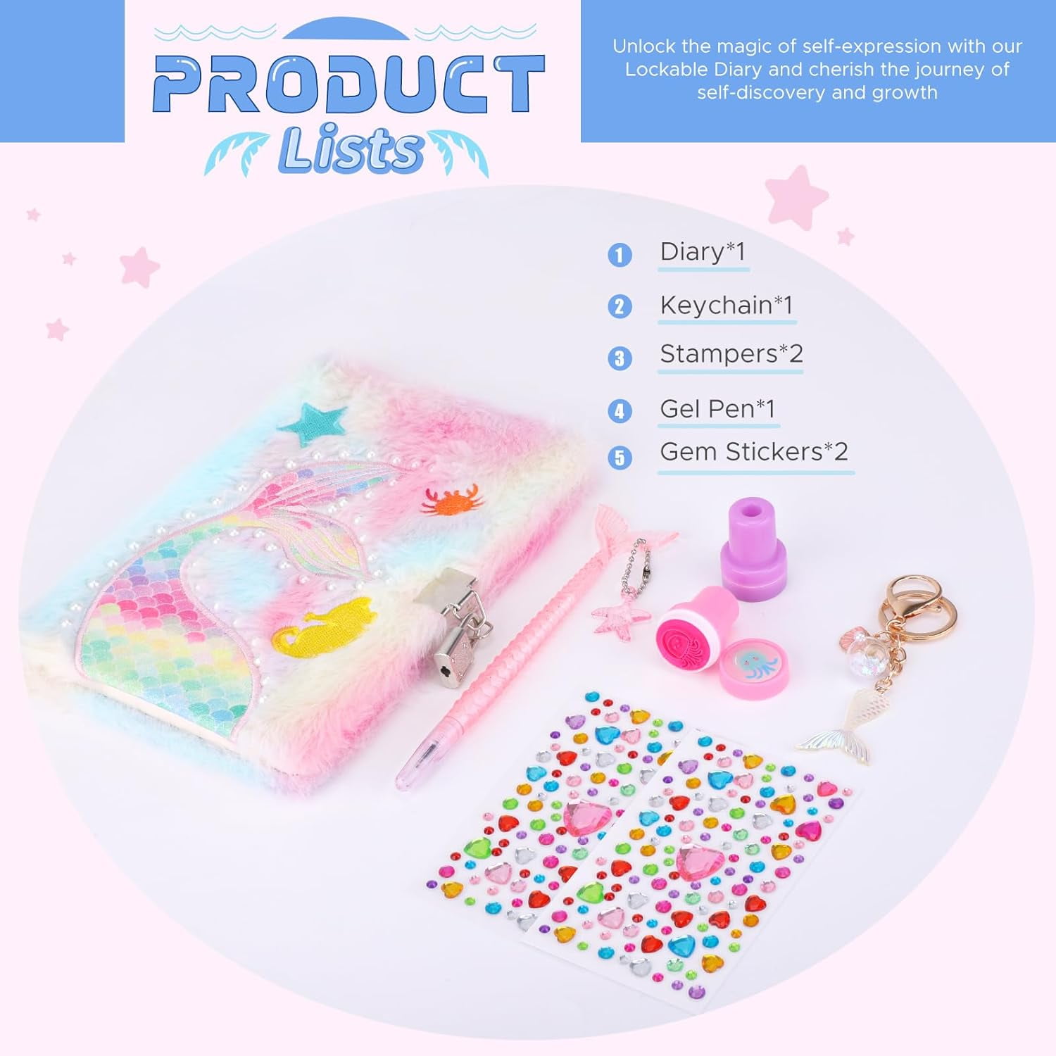 JYPS Mermaid Diary with Lock and Keys,Tie-Dye Fuzzy Journal with 160 Lined Pages,Fluffy Secret Notebook for Writing and Drawing,Pink