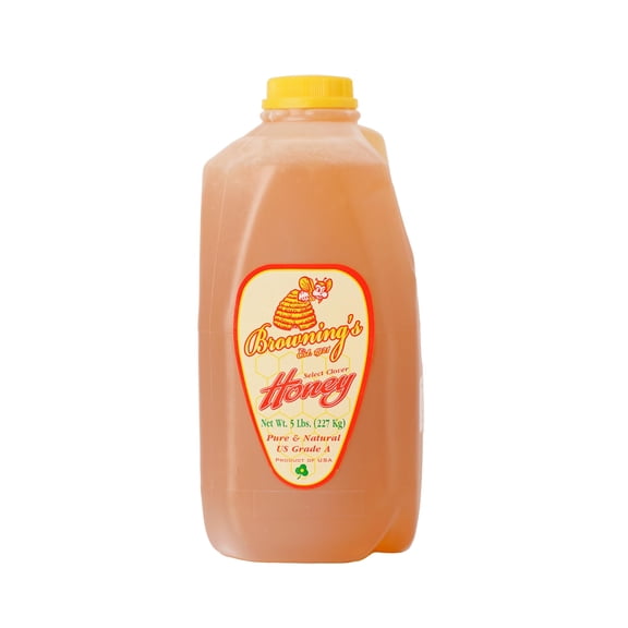 Browning's Honey Jug - Pure Raw Clover Honey, Natural Sweetener, Unfiltered and Unpasteurized, Perfect for Cooking, Baking, and Beverages (5 lb Jug)