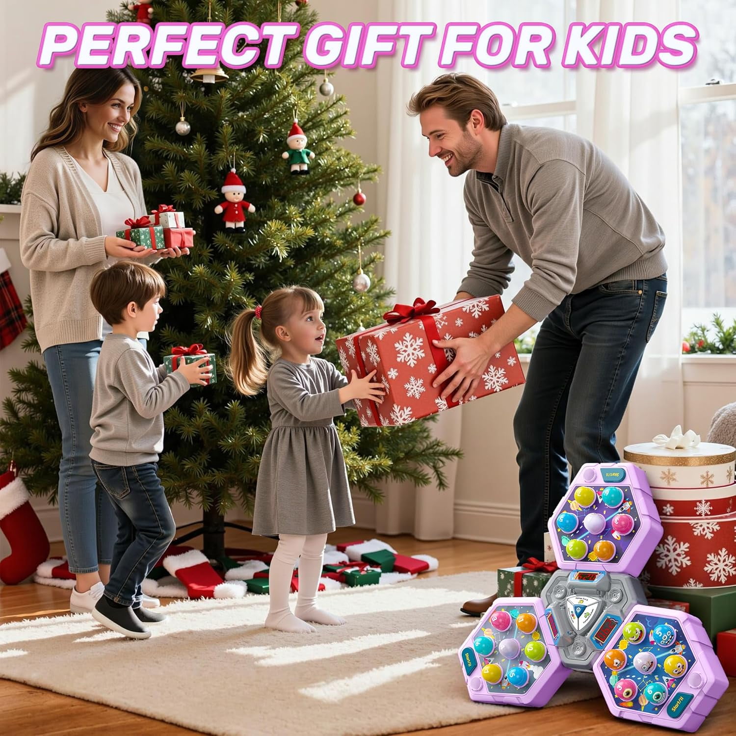 3-Player Whack Game Mole Toy , Early Learning Toy with Lights & Sounds, Interactive Pounding Hammer Toy with 3 Game Modes, Perfect for Families