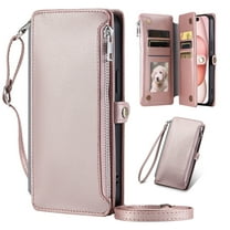 Dteck for Samsung Galaxy S21 Wallet Case, Crossbody Zipper Purse with Wrist for Women Men, 8-Card Slots Holder PU Leather Kickstand Flip Cover Phone Case,Rosegold