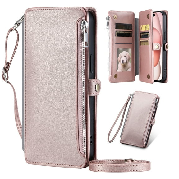 Dteck for iPhone 16 Plus Wallet Case, Crossbody Zipper Purse with Wrist for Women Men, 8-Card Slots Holder PU Leather Kickstand Flip Cover Phone Case,Rosegold