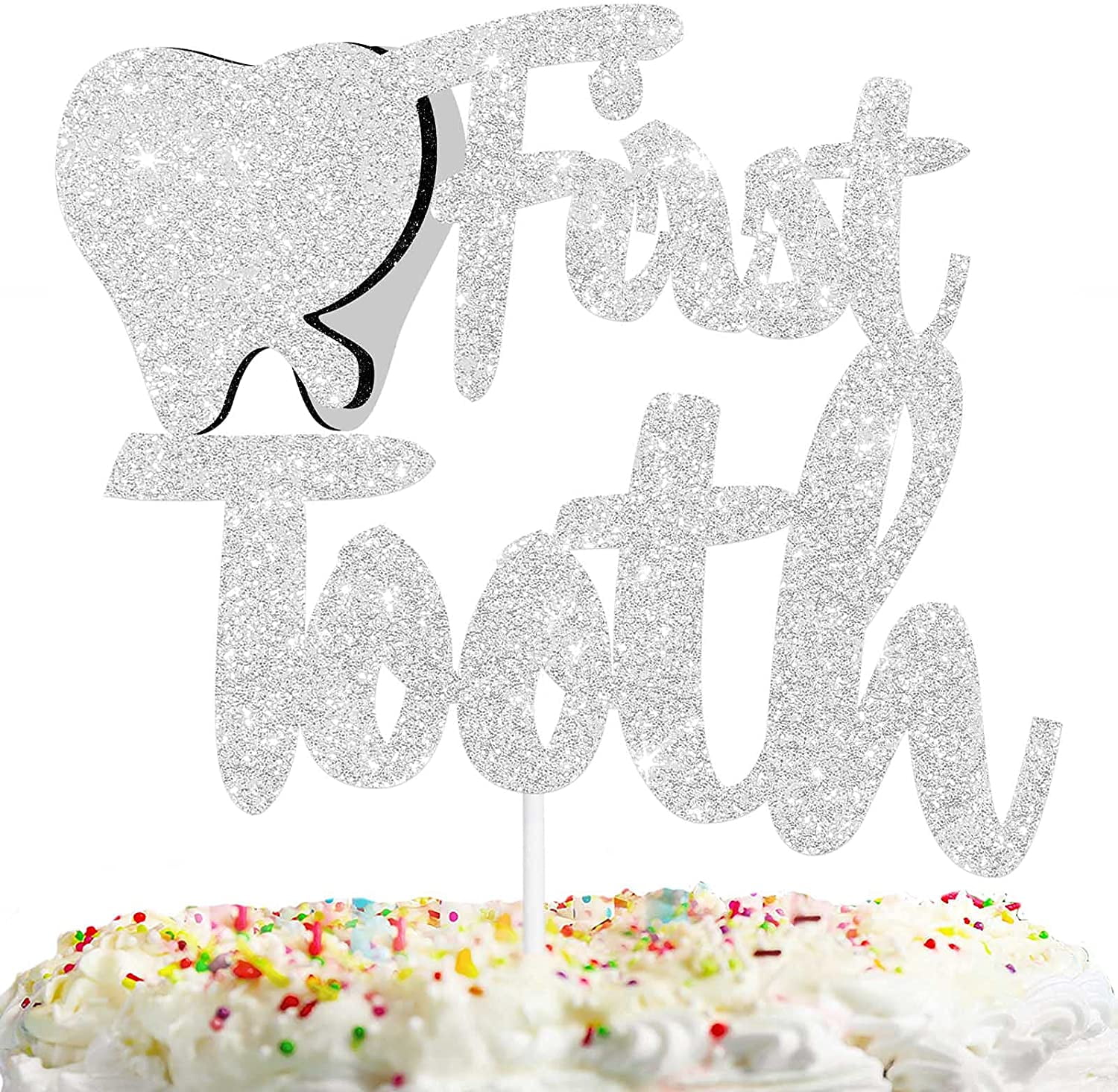 18pcs White Glitter First Tooth Cupcake Toppers - Baby Shower Birthday Party Decorations