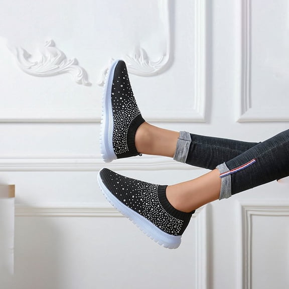 Luxshiny 1 Pair Women Rhinestone Shoes Tennis Shoes Women Fashionable Breathable Black
