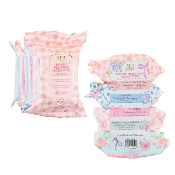 120pc Makeup Removing Facial Wipes Variety Pack – 4-Pack Variety Bundle with Watermelon, Charcoal, Vitamin C, & Rose Water – Hydrating, Purifying, & Brightening Face Cleansing Towelettes