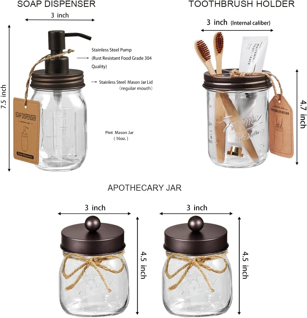 Mason Jar Bathroom Accessories Set - Toothbrush Holder, Lotion Soap Dispenser, Mason Jar, Soap Dish, Toilet Paper Basket, Rustic Farmhouse Decor (Bathroom Set)