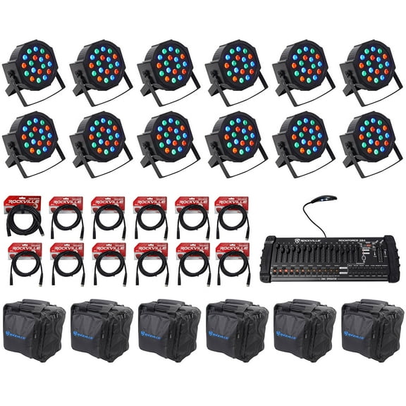 (12) Rockville RockPAR50 Par Can Wash Lights 384 Ch DMX Controller Cables Bags