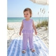 thumbnail image 4 of BemeyourBBs Toddler Baby Girl Summer Clothes Infant Baby Girl 2 Piece Summer Outfit Casual Striped Ruffled Hem V Neck Sleeveless Tank Tops and Wide Legs Pants 2 Pcs Set, 4 of 9