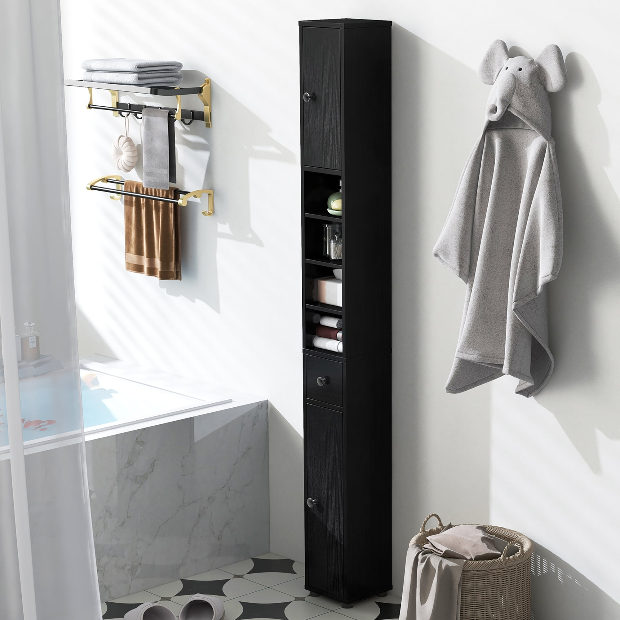 Gymax Tall Slim Bathroom Storage Cabinet Linen Tower w/Drawer Adjustable Shelves Black