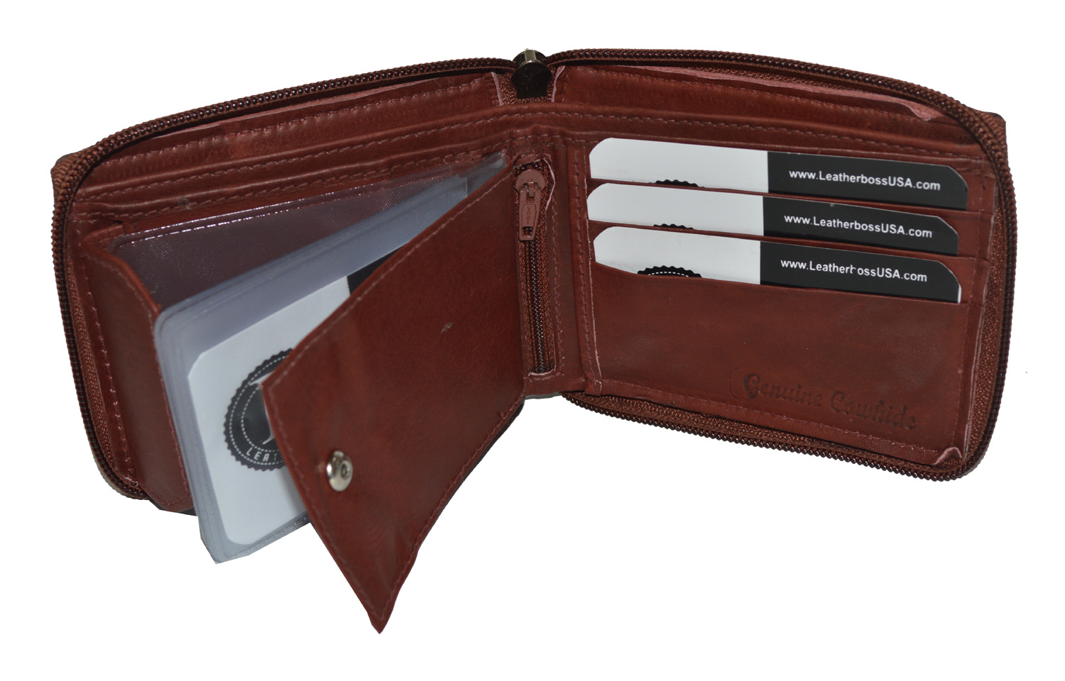 Leatherboss Mens All around zipper wallet with an outside ID window