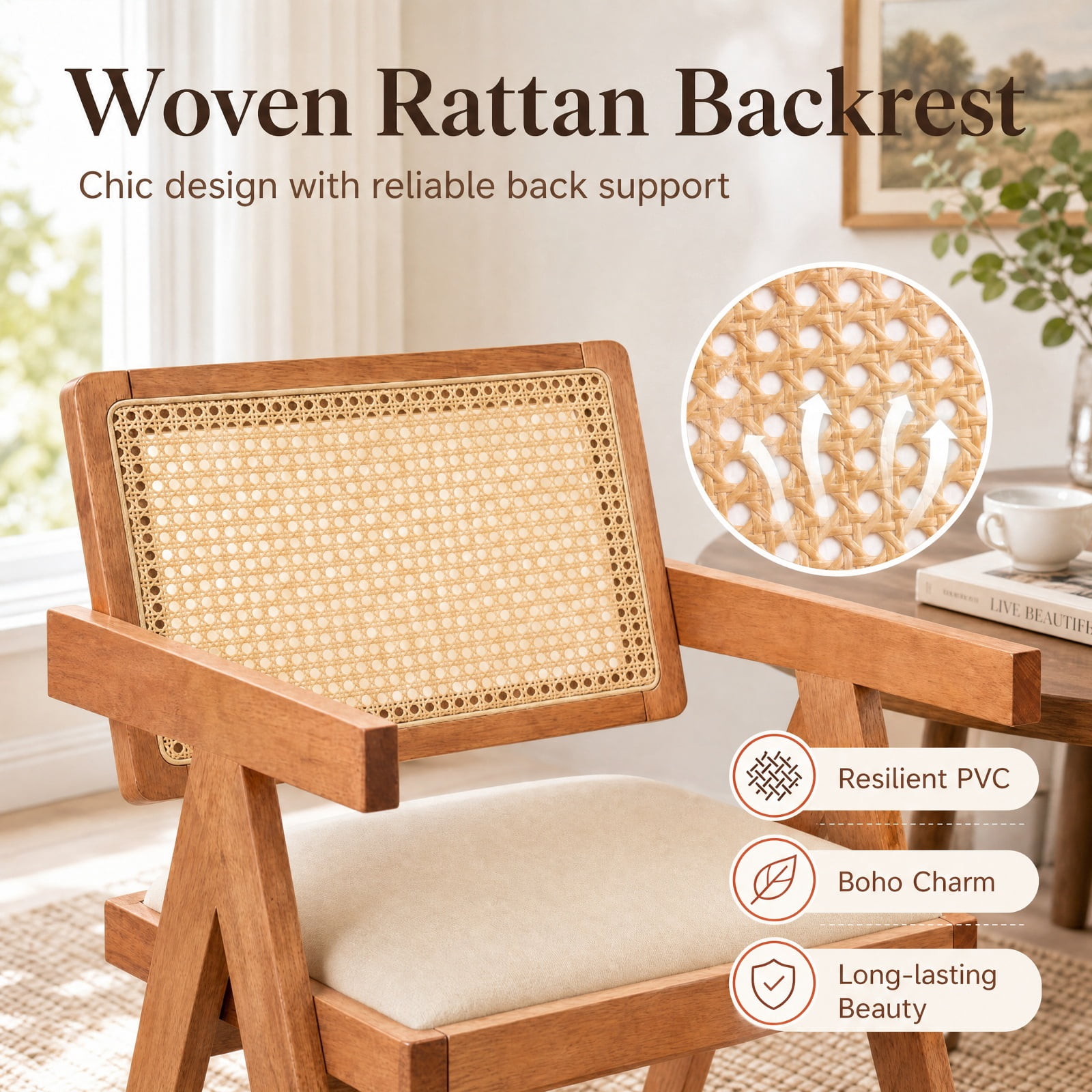 Furnibear Set of 2 Rattan Accent Chairs with Padded Cushion and Rubber Wood Frame for Dining Room Kitchen and Living Room, Beige