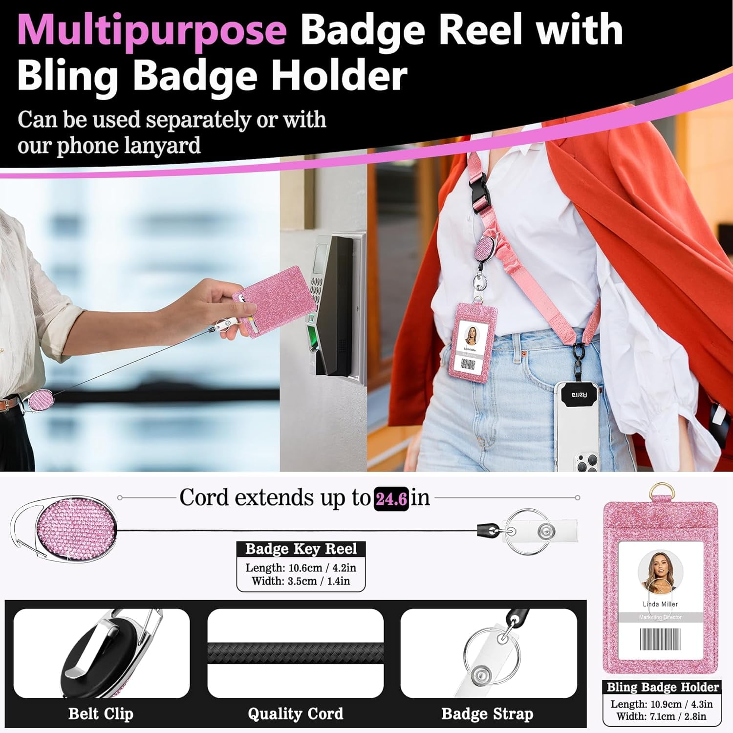 Adjustable Crossbody Cell Phone Lanyard for iPhone with Phone Tethers & Retractable ID Badge Card Holder (Pink)