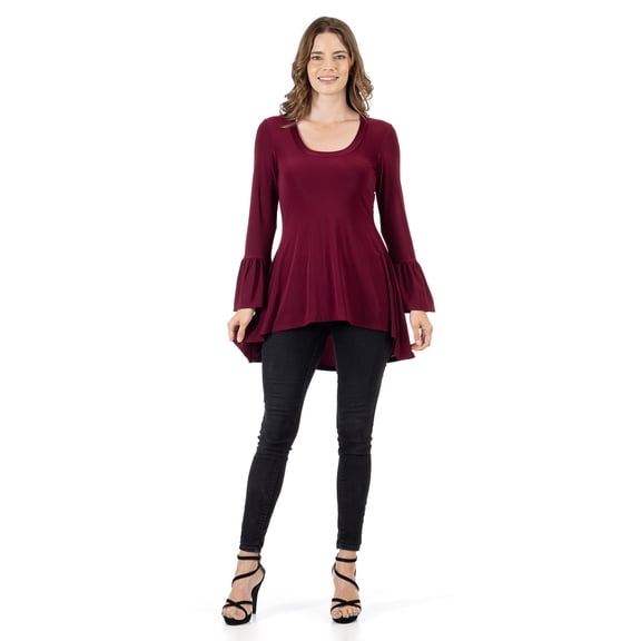 24seven Comfort Apparel Womens Long Bell Sleeve High Low Tunic Top -R0062125-WINE-S