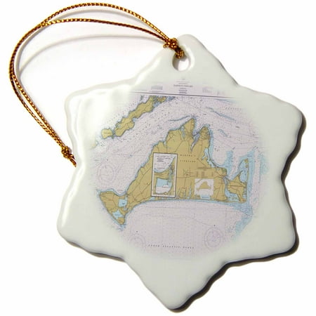 Martha's Vineyard Christmas Ornaments 3dRose Print of Nautical Map Of Marthas Vineyard , Snowflake Ornament, Porcelain, 3-inch ()