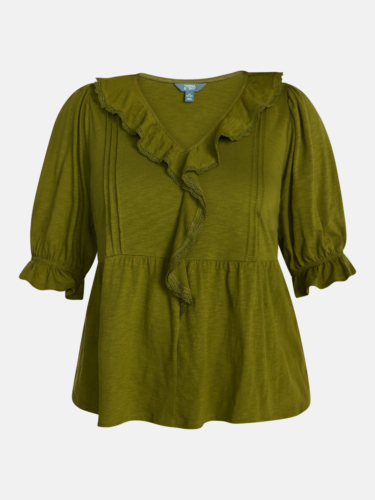 Terra & Sky Women’s Plus Ruffled Cotton Blouse with Elbow-Length Puff Sleeves, Sizes 0X-5X