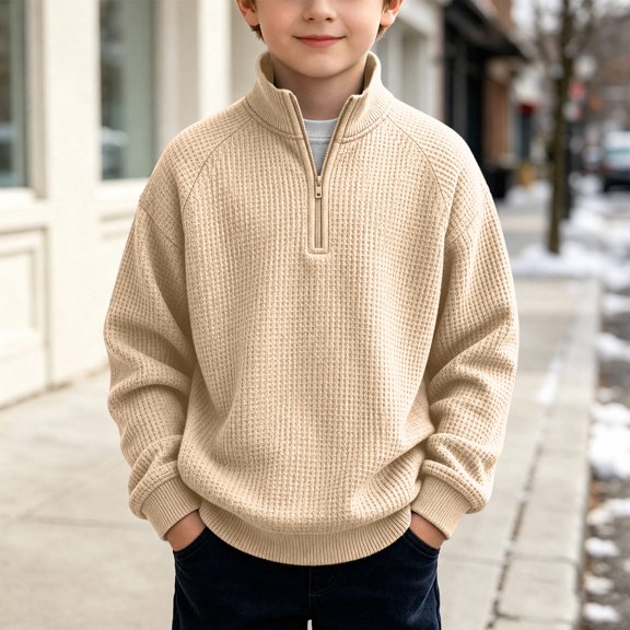 LOINRODI Boys Quarter Zip Waffle Knit Sweater Stand Collar Fashion Long Sleeve Soft School Outdoor Pullover Beige 7 Years