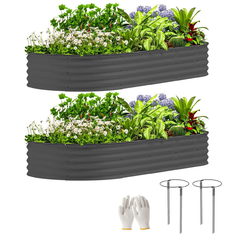 Spaco 7' x 3' x 1' Raised Garden Bed Set, 2-Piece Raised Beds for Gardening with Metal Plant Stakes, Dark Gray