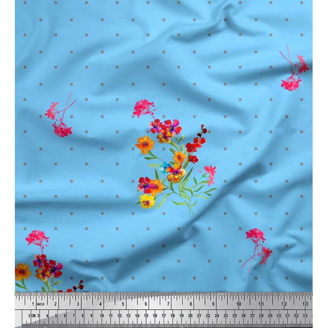 Soimoi Polyester Crepe Fabric Dot,Leaves & Periwinkle Floral Print Fabric by Yard 42 Inch Wide