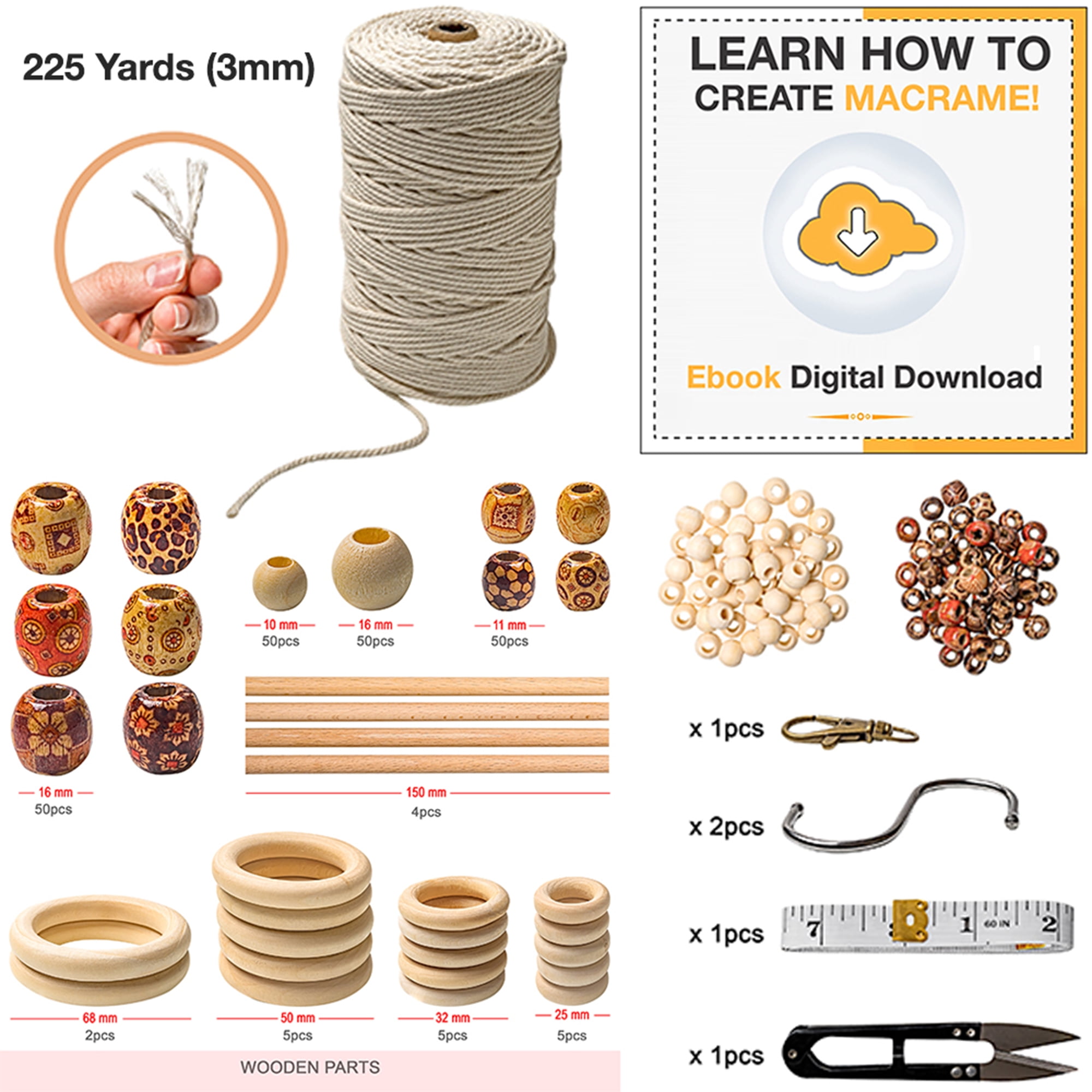 Macrame Kit - Beginner Macrame Supplies and Ebook with 225yd Macrame Cord 3mm. DIY Macrame Plant Hanger Kit for Adults