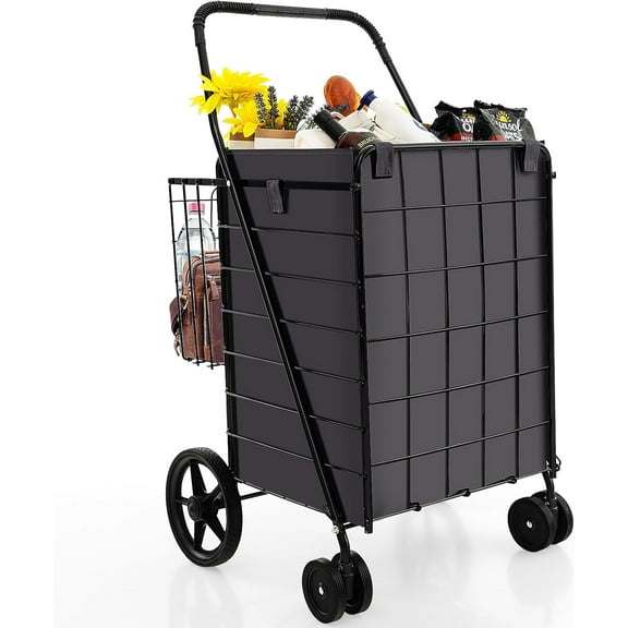 Folding Shopping Cart with Wheels, 27 Gal Grocery Cart with Oxford Liner Bag & Double Basket, 330 LBS Weight Capacity, Portable Granny Cart Shopping Cart for Market Laundry (Black)