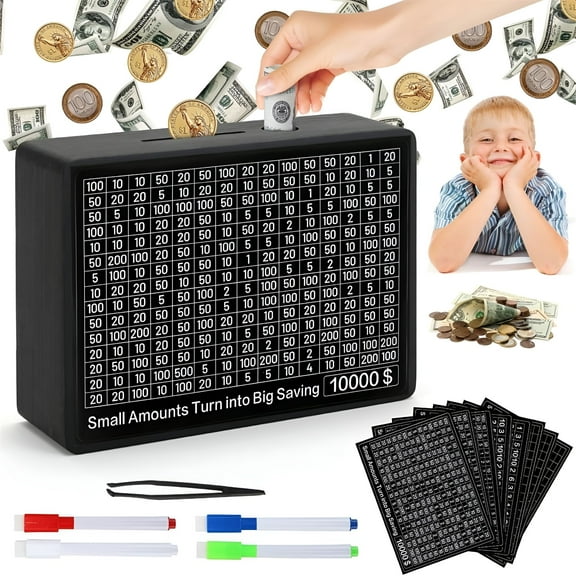 LAMIRO Cash Vault Wooden Savings Box 10000,Wooden Money Saving Box for Cash with 8 Saving Targets,One Piece Coin Money Box with Counter,10k Savings Challenge Box Gift for Adults Kids Boys Girl