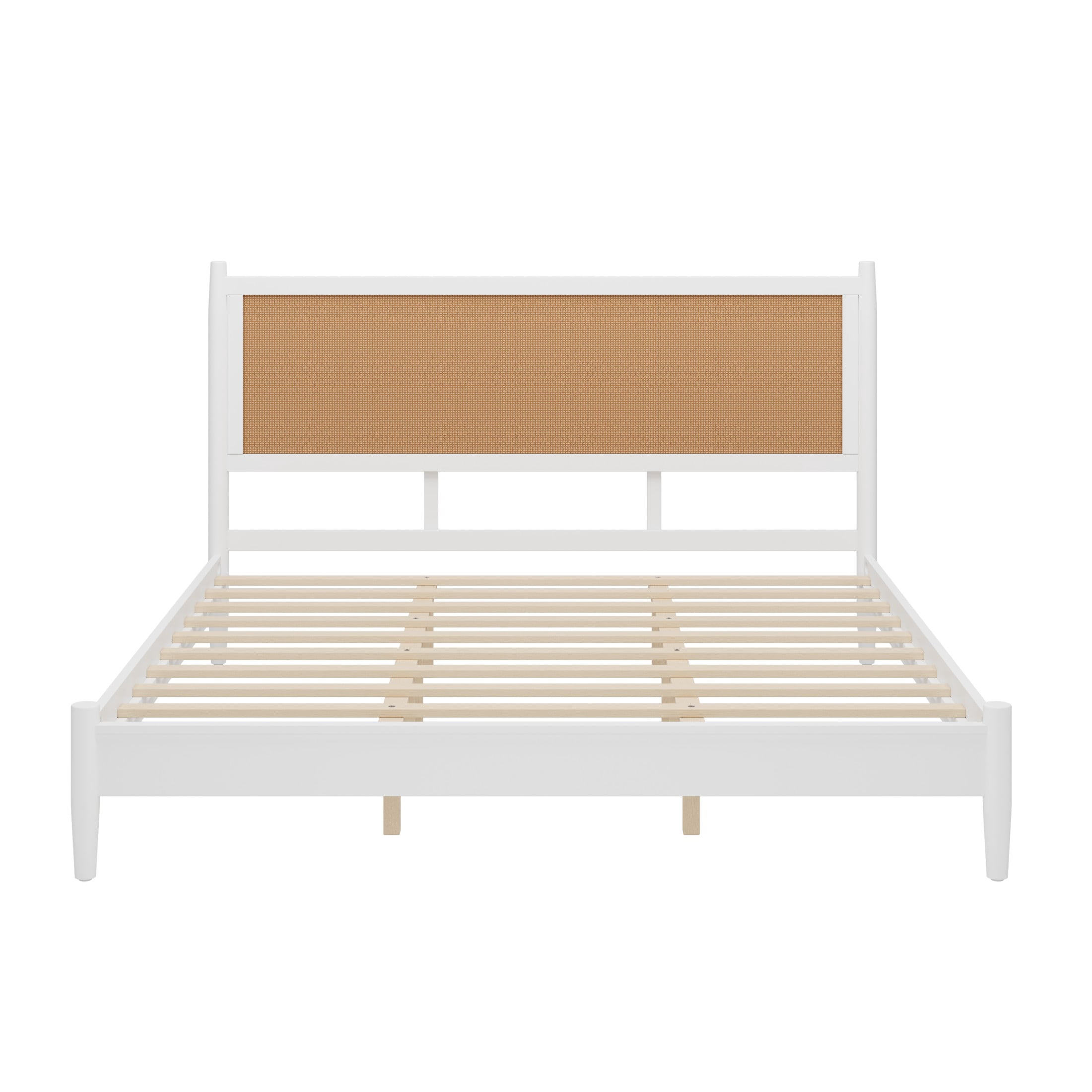 Christopher Knight Home Boho King Platform Bed Frame with Rattan Headboard, Wood Slat Support, White