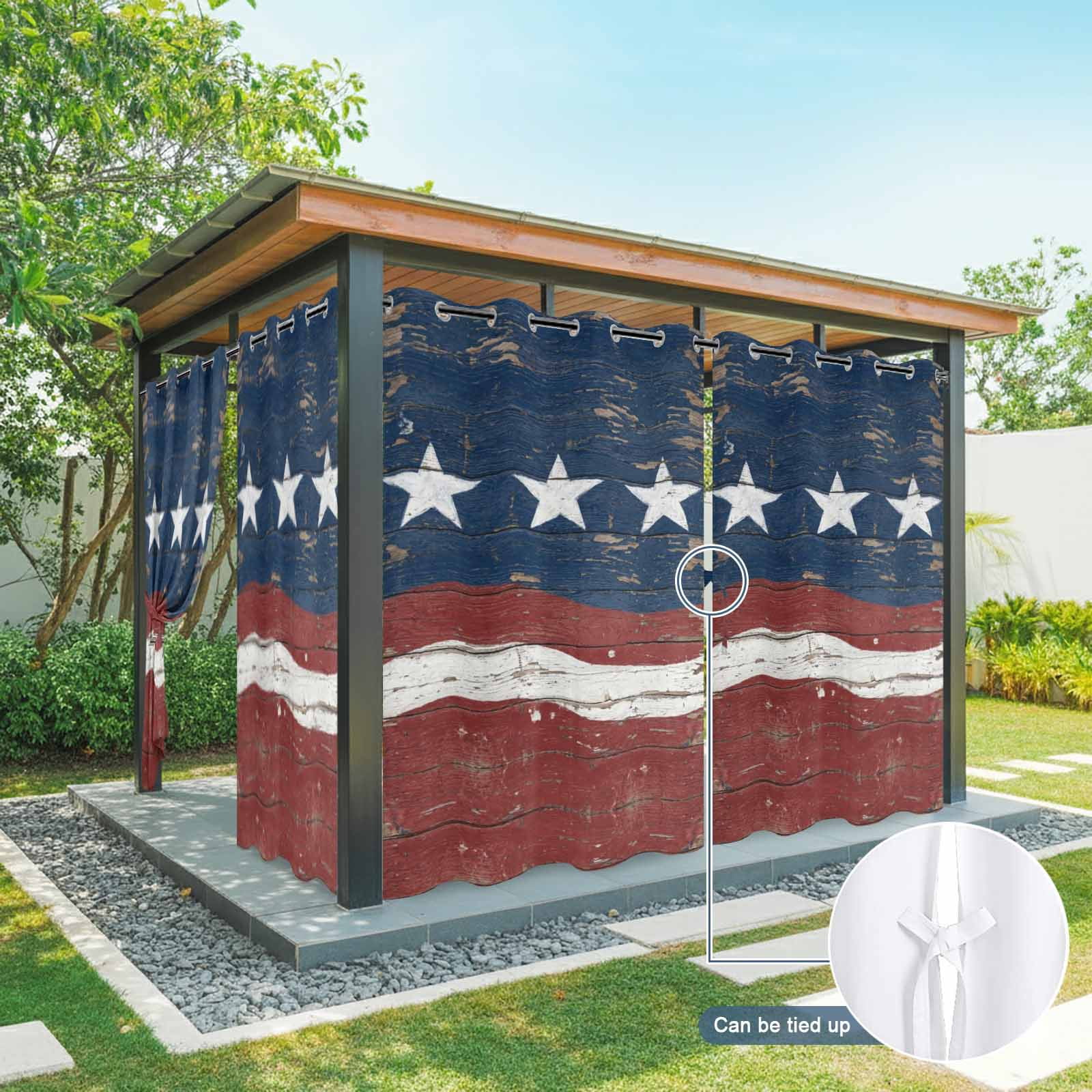 Independence Day Outdoor Curtains for Patio, Vintage American Flag Retro Blue Red Wave Wood Grain Sunshade Privacy Drapes Grommet Waterproof Outside Curtains for Porch Balcony 54"x108", 1 Panel