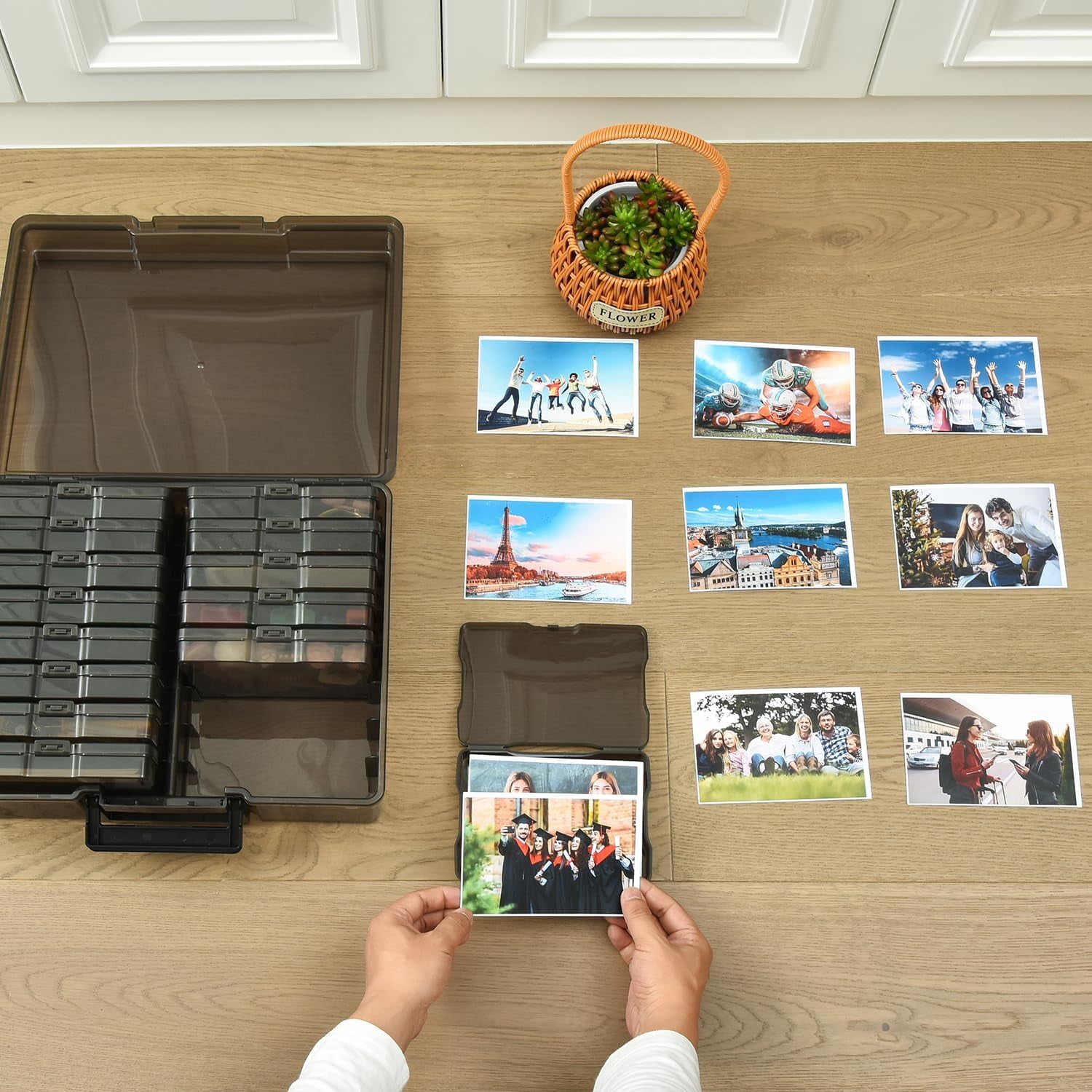 Photo Storage Box with 16 Inner 4" x 6" Photo Case, Portable Storage Organizer with Handle Craft Keeper for Picture, Stickers, Stamps, Screws, Hair Clips, Black