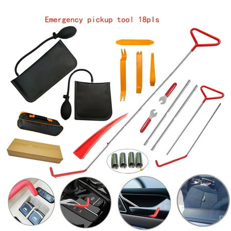 

18pcs Car Tools Kit with 4 long reach grabbers 2 air bag pumps 4 trim removal tools 4 fastener nuts 2 wrenches 1 injury free wedge 1 tool case bag 1 manual