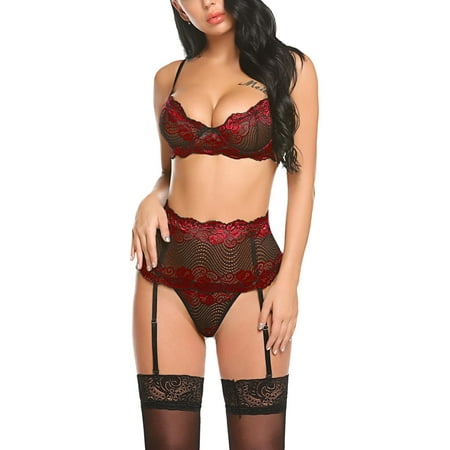 

Avidlove Women Lingerie Set with Garter Bra and Panty Set 3 Piece Lace Underwired Lingerie Red XL