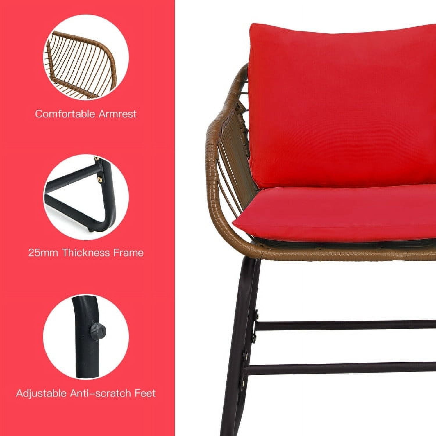 Aimee Lii 3 Pieces Patio Rattan Bistro Set Cushioned Chair Glass Table Deck, Outdoor Patio Furniture, Red Aimee Lii 3 Pieces Patio Rattan Bistro Set Cushioned Chair Glass Table Deck, Outdoor Patio Furniture, Red